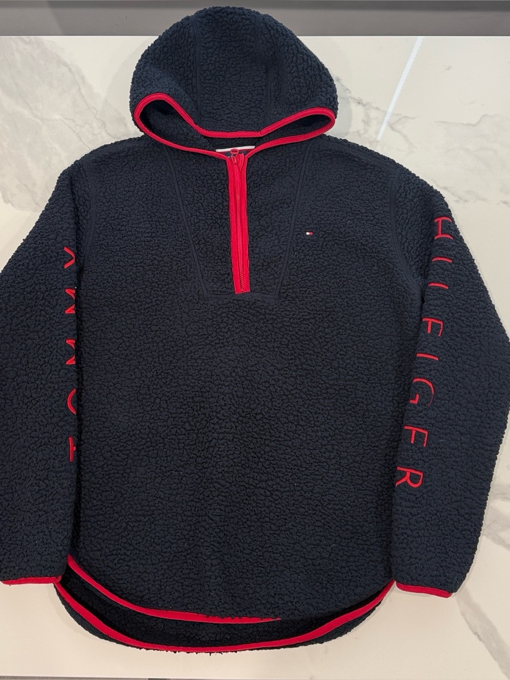 Tommy Hilfiger Cozy Hooded Sherpa Pullover Sweater - Dark blue with red trim